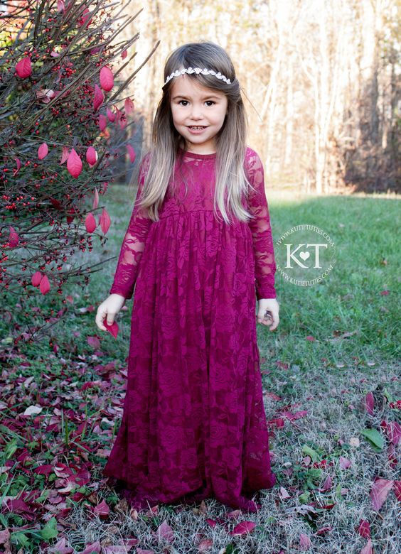 30 Elegant Fall Burgundy and Gold Wedding Ideas 2024 5 Burgundy Lace Sweetheart Flower Girl Dress