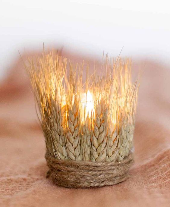 30 Fall Rustic Country Wheat Wedding Decor Ideas 12 DIY Dyed Wheat Tea Lights