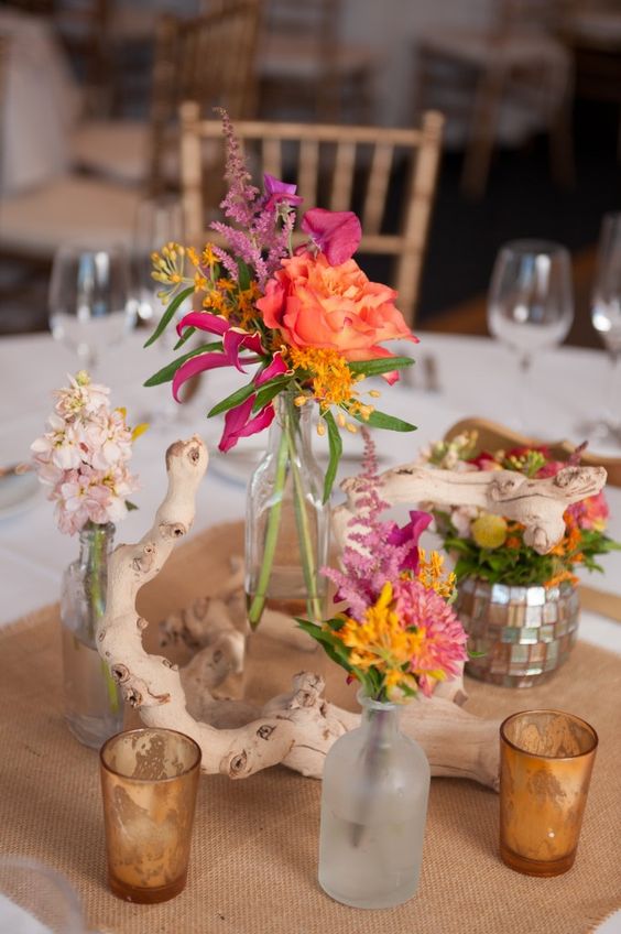 40 Rustic Driftwood Wedding Ideas We Love 2024 19 Driftwood Sea Glass Bottles Wedding Centerpiece