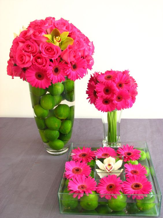 Green lime & pink flower table displays and centerpieces