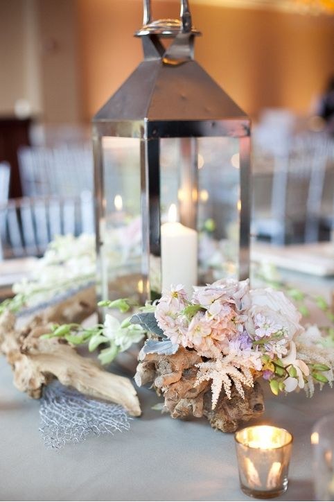Lantern Centerpieces with Driftwood and White, Blush and Lavender Florals