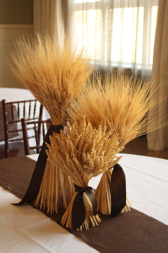 Pollen Floral Art, wheat sheafs, grouping of 3, tied with brown ribbon wedding centerpiece