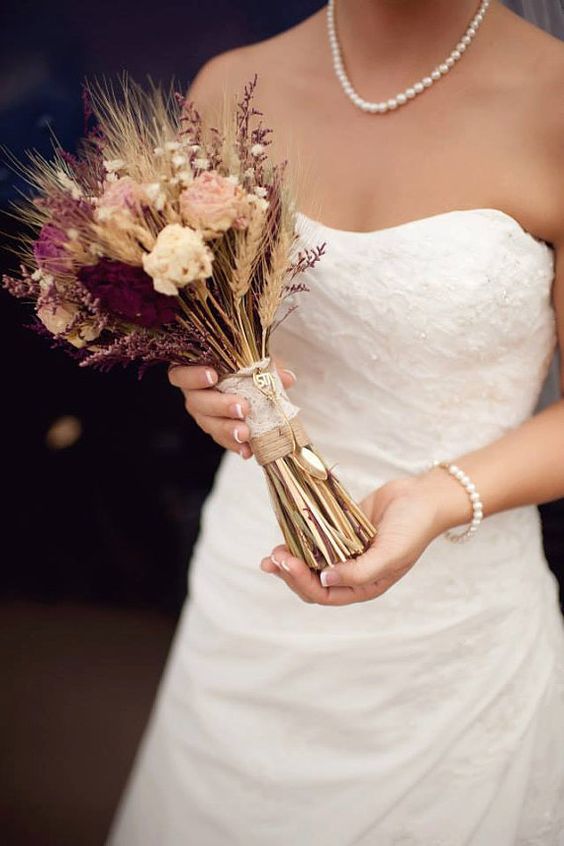 Rustic Burgundy Wheat Wedding Bouquet