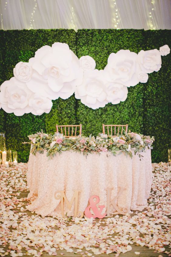 Sweetheart Table with Large White Gardenia Backdrop