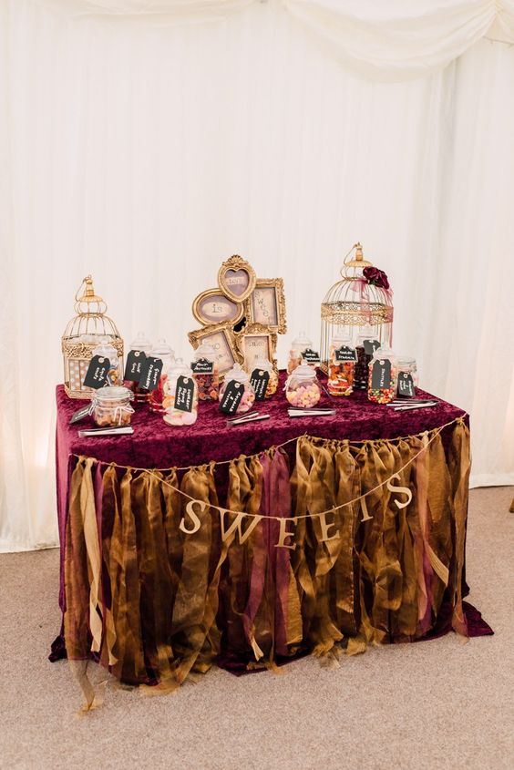 Sweetie Sweets Table Bar Station Fairytale Whimsical Burgundy Gold Wedding