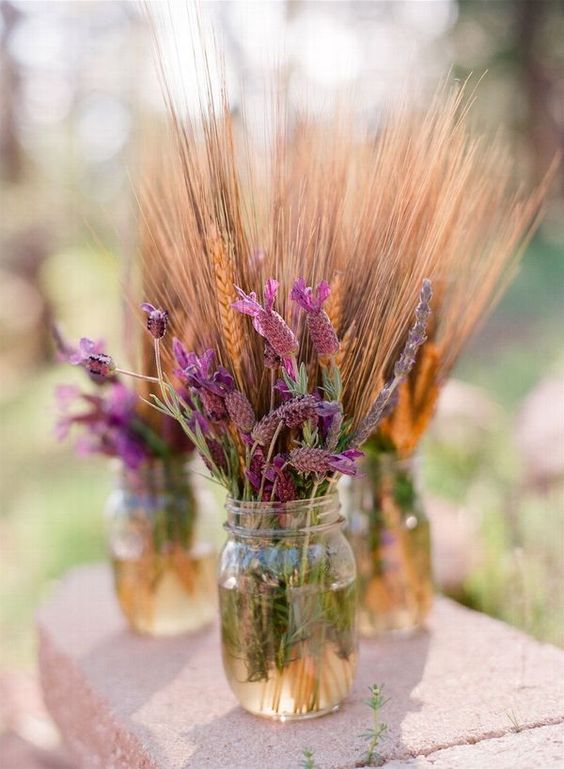 30 Fall Rustic Country Wheat Wedding Decor Ideas 21 Wheat and lavender in mason jars