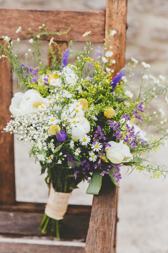 Wild Flowers Bouquet Bride Bridal White Yellow Purple Daisies