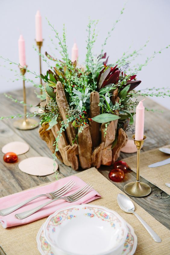 bohemian driftwood wedding centerpiece