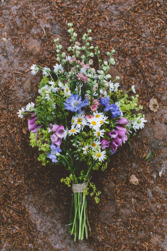 bohemian wedding in the woods, wild forest flowers bouquet