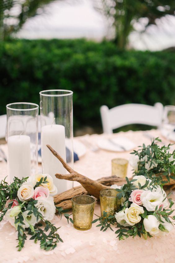 driftwood wedding centerpiece with candles