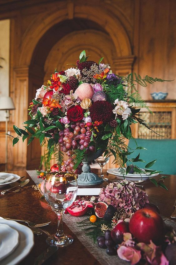 fall deep purple and red wedding centerpiece