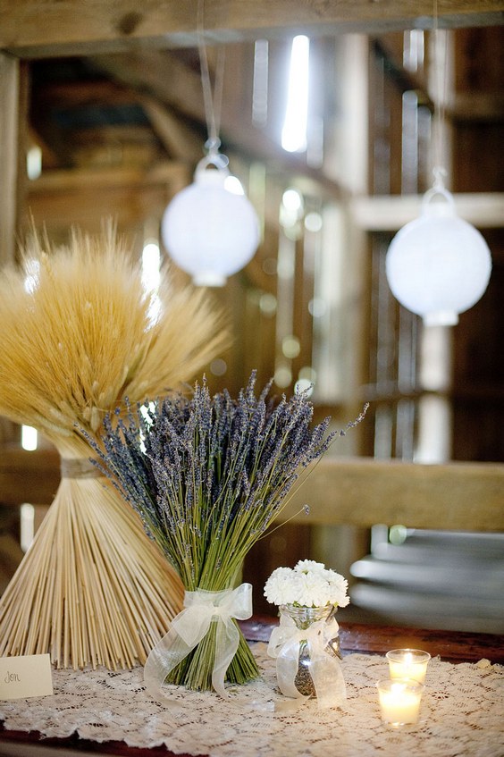 lavender and wheat country wedding centerpiece