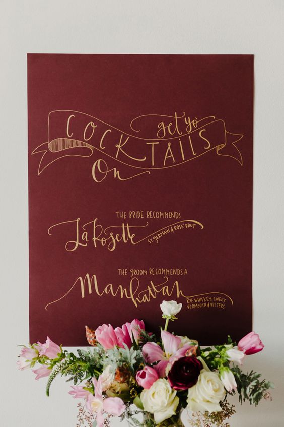 marsala and gold cocktail sign