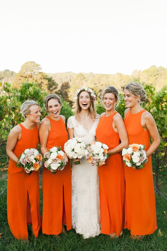 orange bohemian bridesmaid dresses