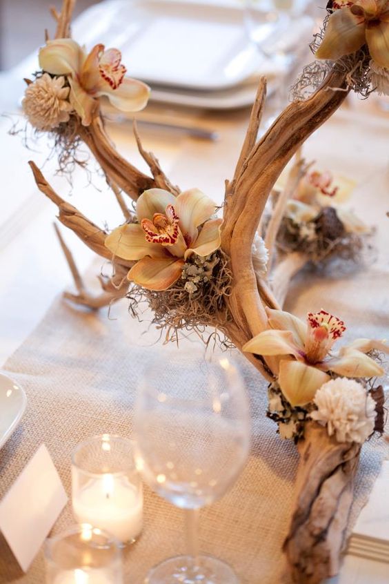 orchid and driftwood centerpiece idea