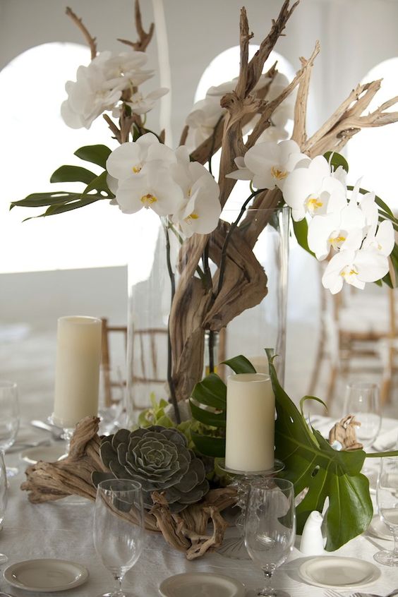 orchid driftwood wedding centerpiece