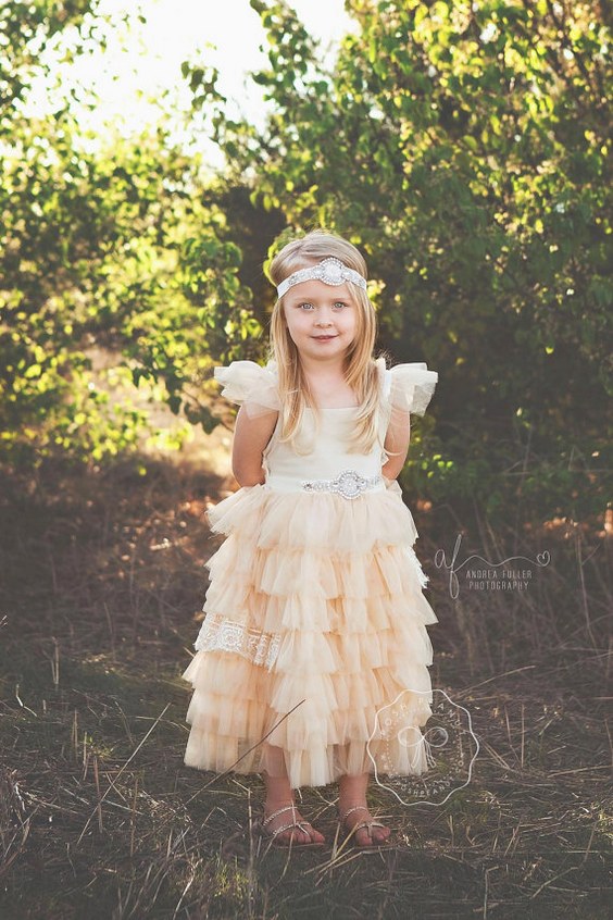 rustic ruffles champagne flower girl dress