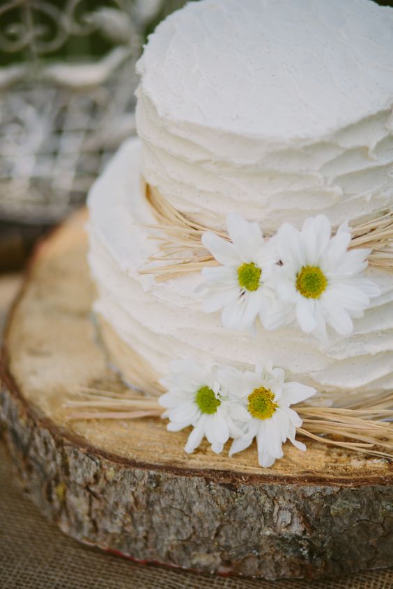rustic simple wedding cake with white daisys