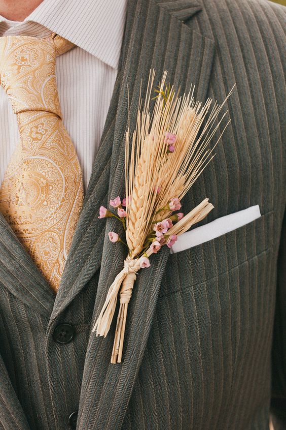 rustic wheat boutonniere for groom