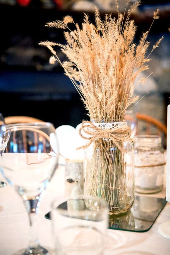 rustic wheat mason jar wedding centerpiece