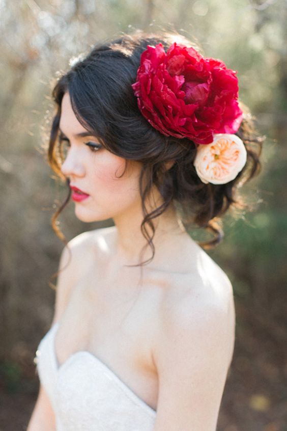 watters wedding dress 2015 strapless sweetheart lace bridal gown hairstyle close up giant red peony