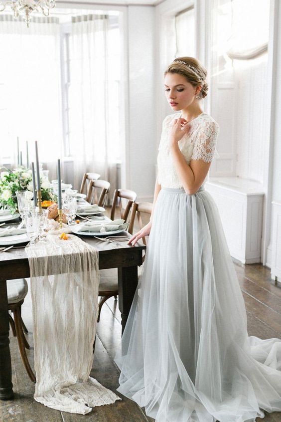 white and grey tulle wedding dress