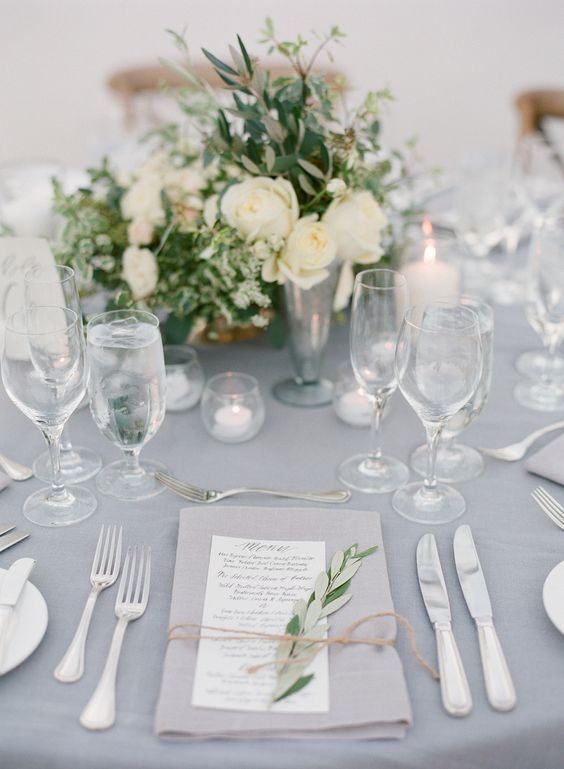 white and grey wedding table decor