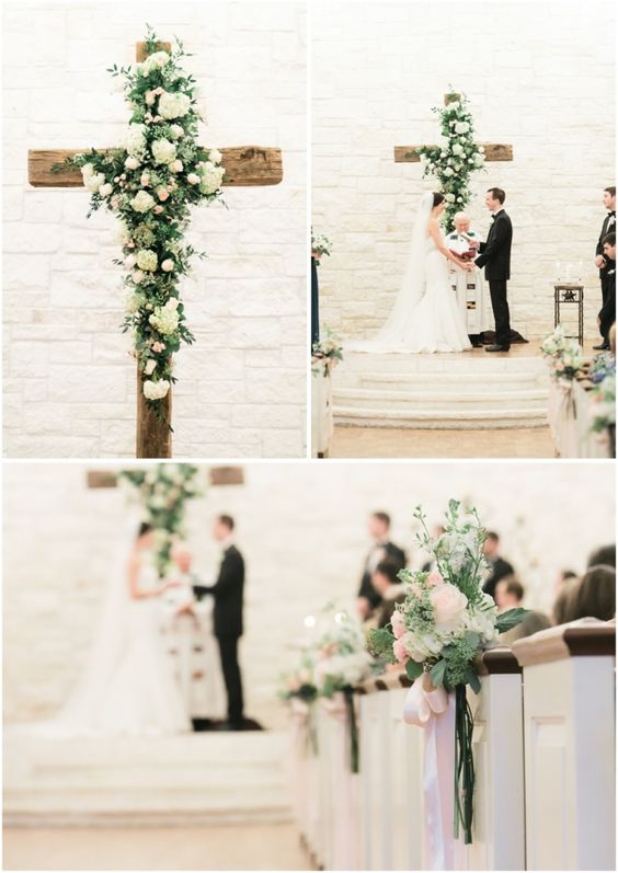 wood cross with flowers indoor wedding backdrop