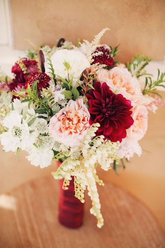30 Burgundy and Blush Wedding Ideas & Colors 2024 19 Blush and Burgundy Fall Wedding Bouquet