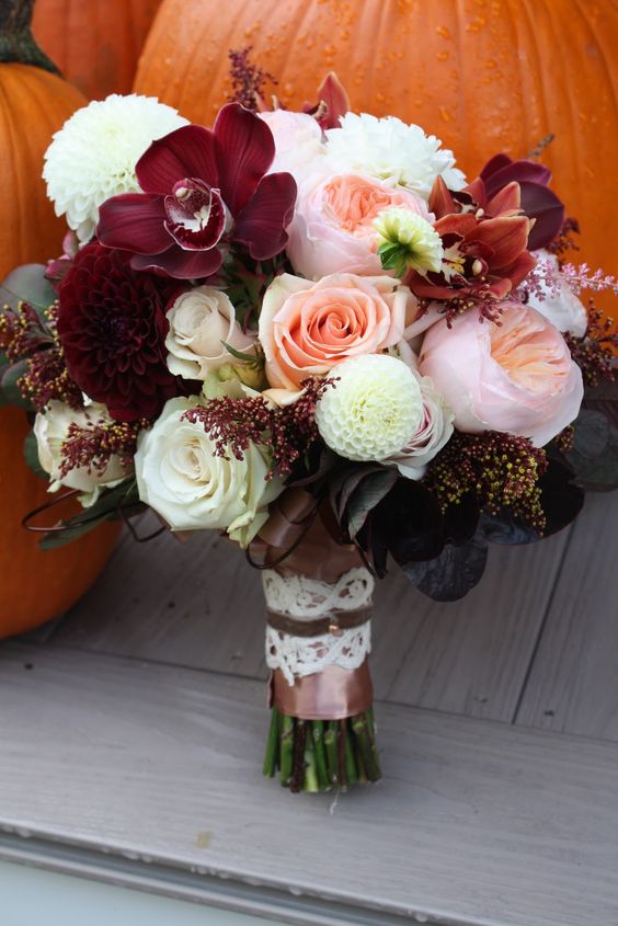 Blush, ivory, latte and burgundy wedding bouquet