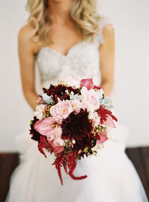 Pink and Burgundy Wedding Bouquet With Pearls 