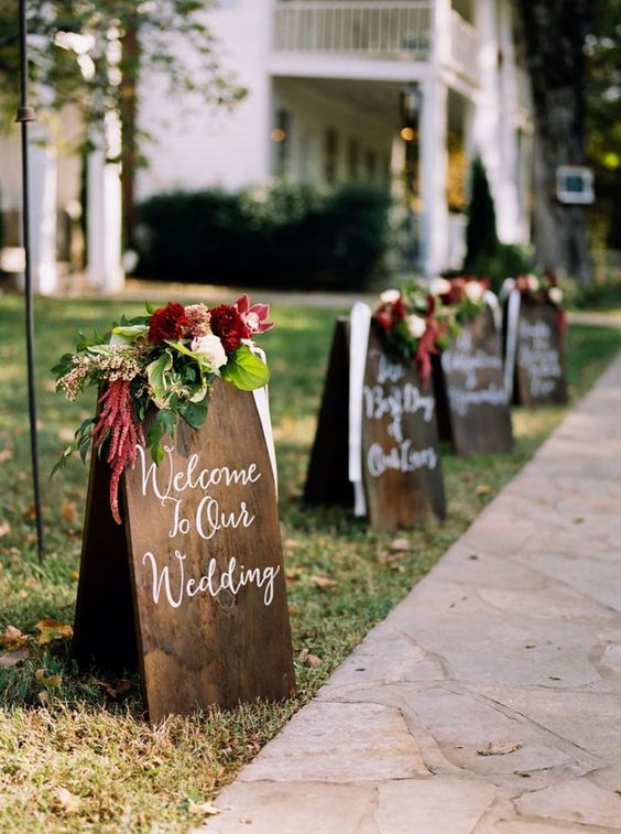 Hand lettered wooden signage to welcome your guests with true style
