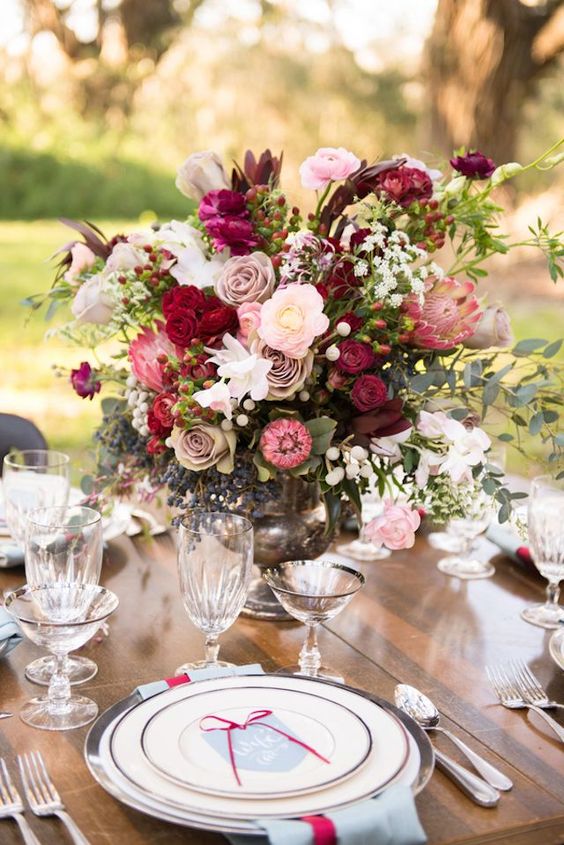 Marsala and blush wedding centerpiece