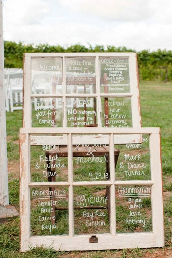 Old window pane wedding ceremony signs