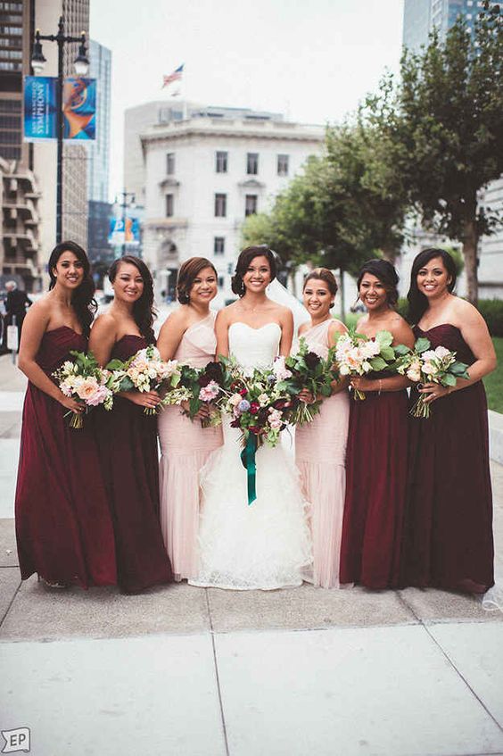 30 Burgundy and Blush Wedding Ideas & Colors 2024 3 Rich marsala blush pink bridesmaid dresses