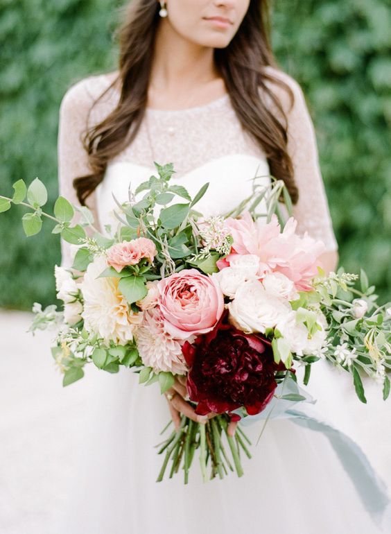 30 Burgundy and Blush Wedding Ideas & Colors 2024 27 Spring Blush and Burgundy Wedding Bouquet