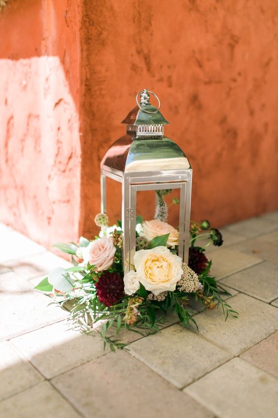 blush marsala peach burgundy bouquet dahlia ranunculus garden rose lantern ceremony