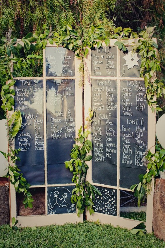 old window and chalkboard wedding table seat