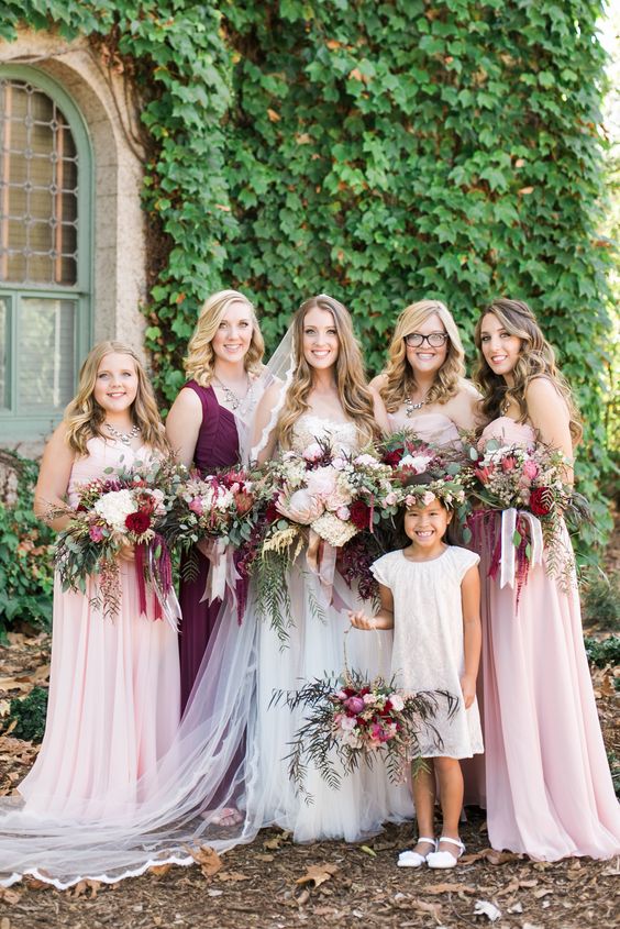 30 Burgundy and Blush Wedding Ideas & Colors 2024 4 pink burgundy bridesmaid dresses
