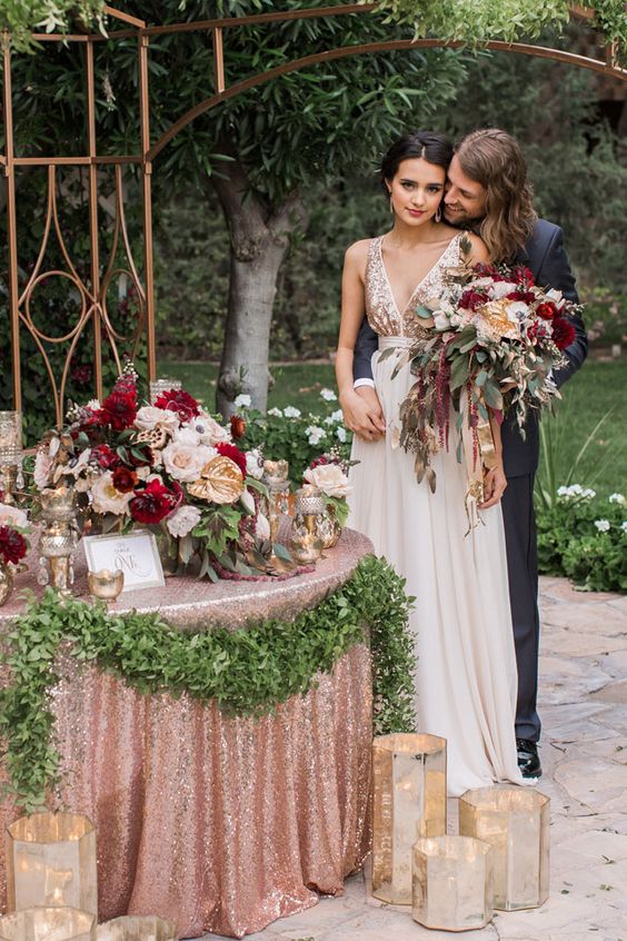 rose gold metallic blush and burgundy wedding decor