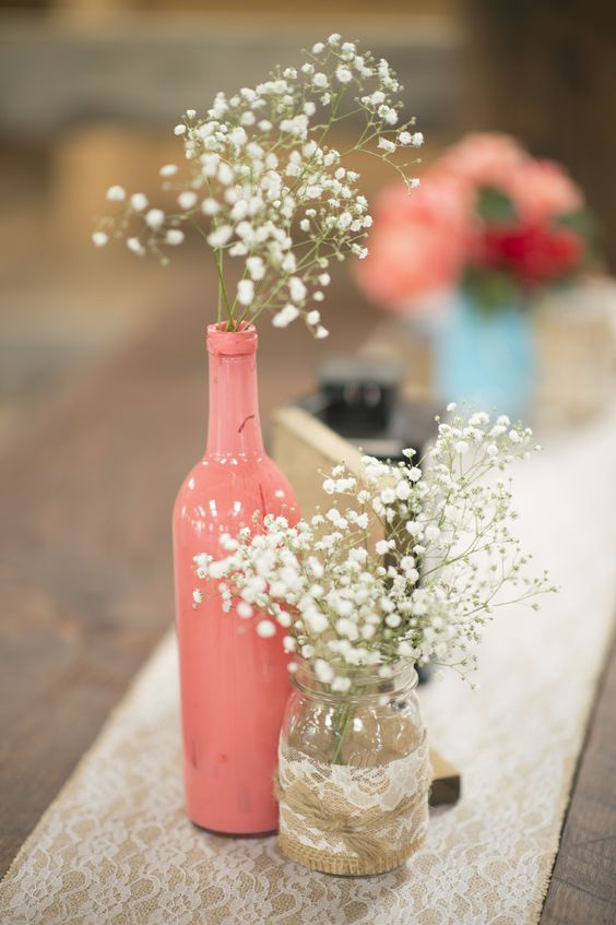 rustic coral bottle and lace wedding centerpiece