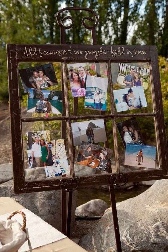 rustic window wedding photo display