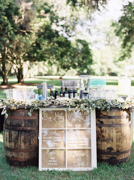 whiskey barrel bar with window menu