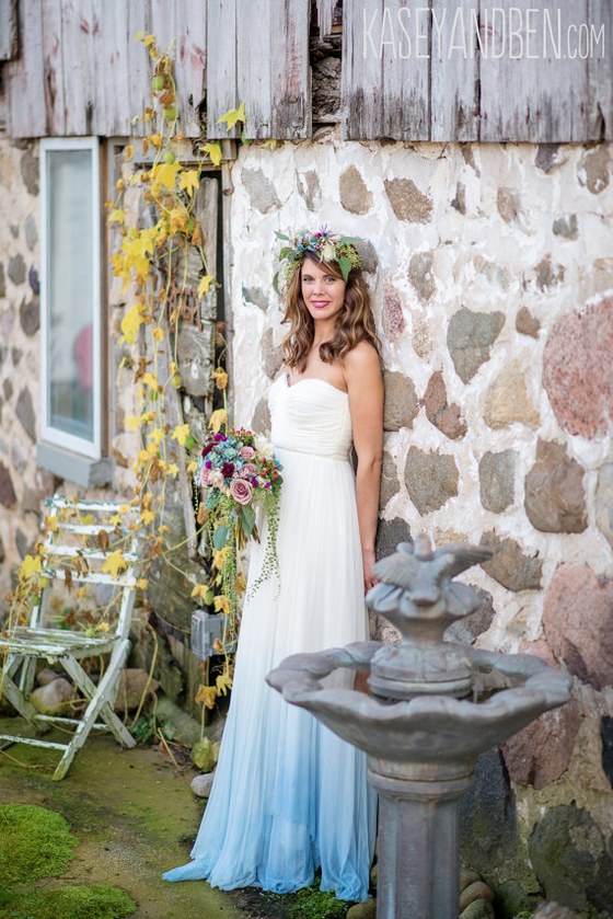 Boho Blue Dip Dyed Ombre Silk Tulle Wedding Dress Deer