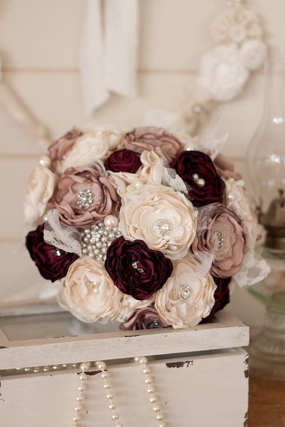 Dusty Pink and Burgundy Satin and Lace Bridal Bouquet