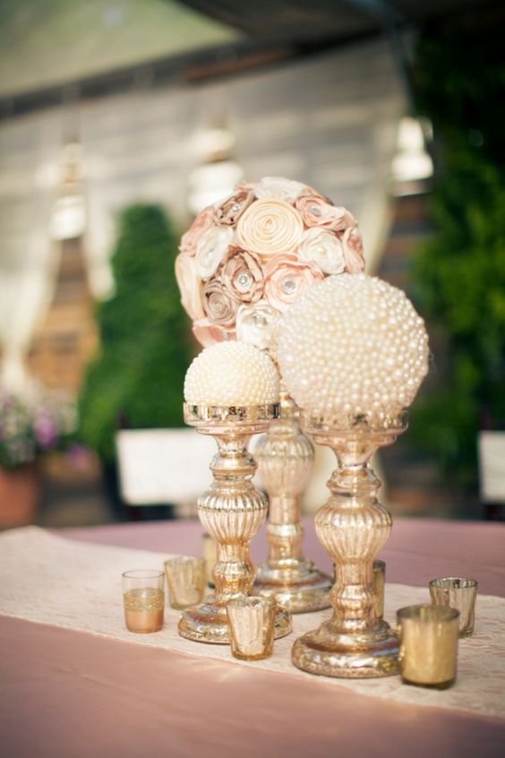 Paper flowers and pearl globe centerpieces