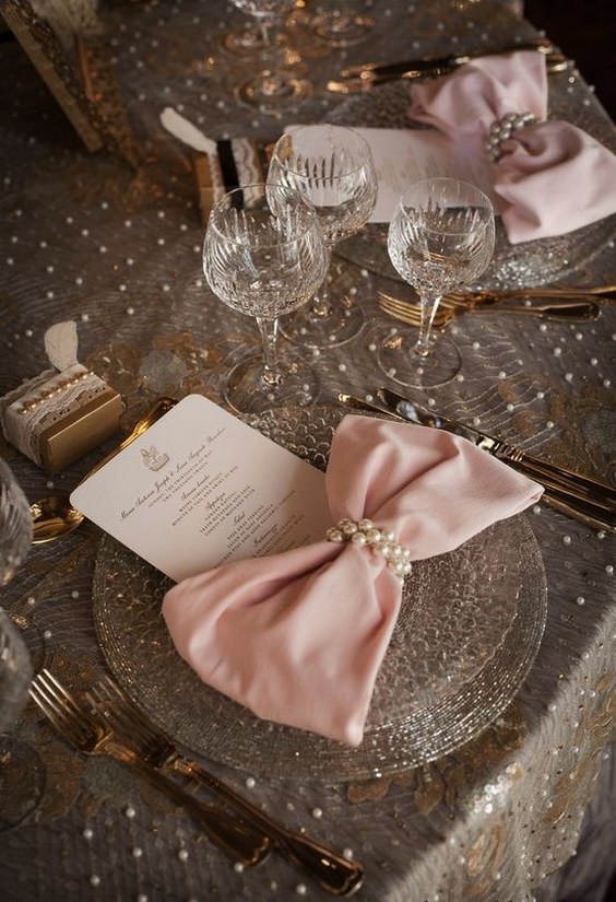 Pink Bow Tie Napkins and Lace and Pearl Tablecloth