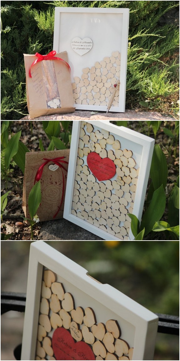 rustic wood drop top hearts wedding guest book