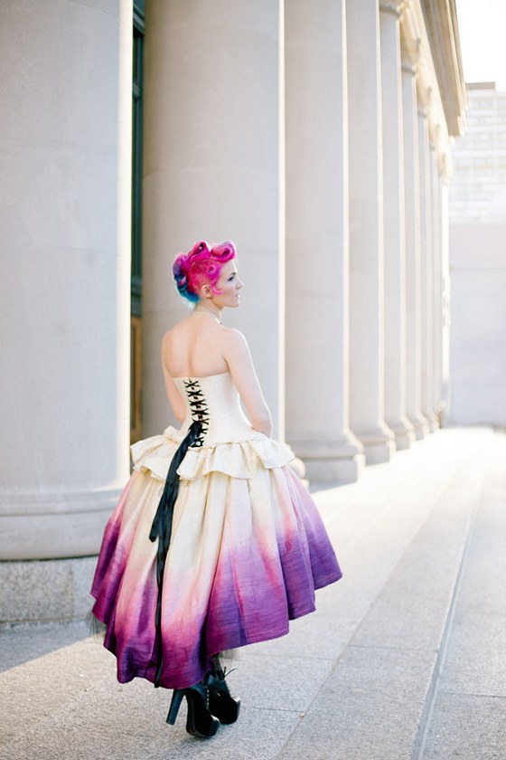 steampunk fairytale ombre purple tea length wedding dress