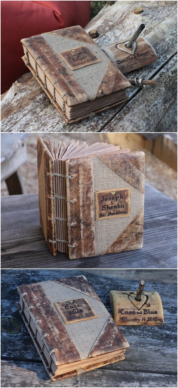 vintage look burlap and leather journal wedding guest book